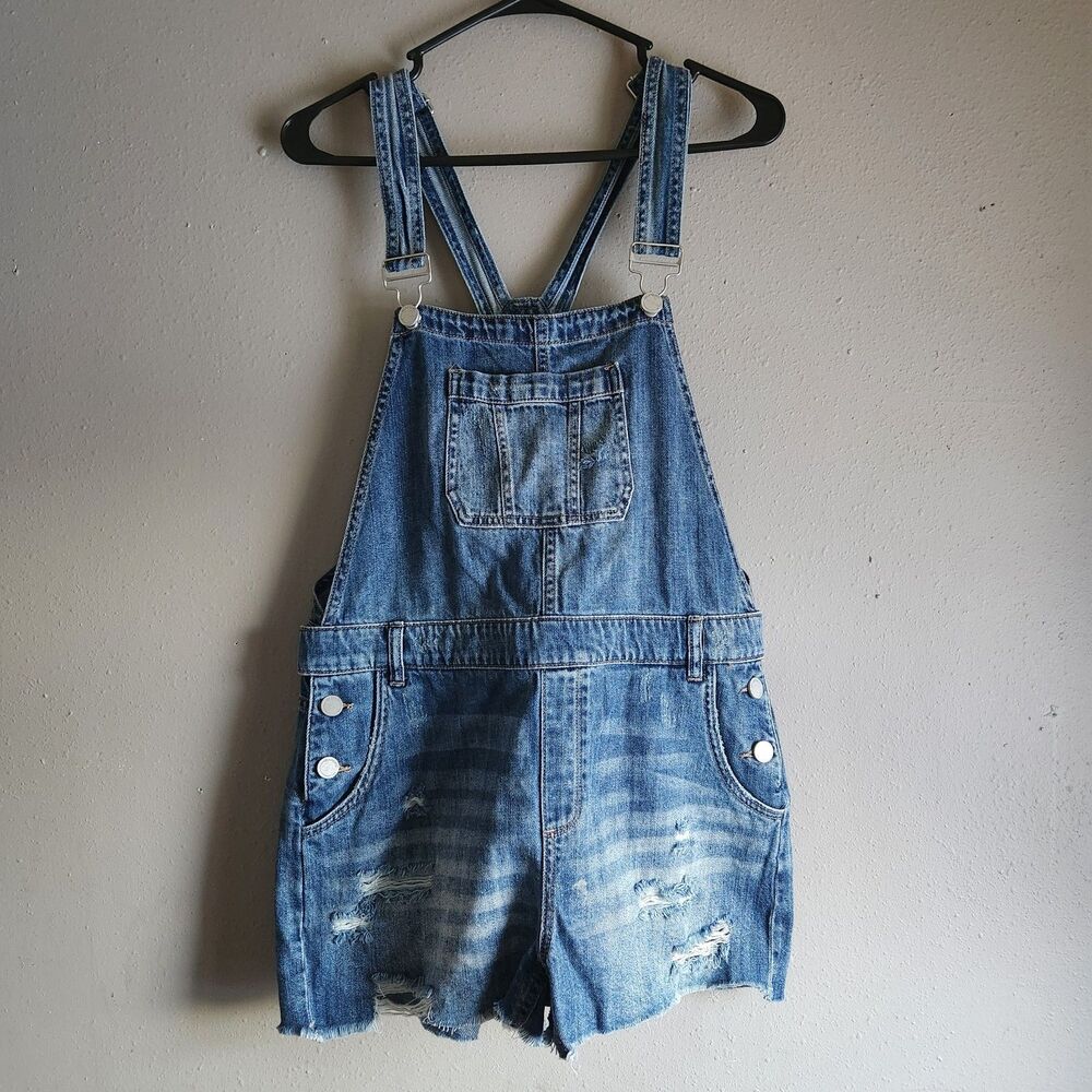 BLANKNYC Distressed Denim Short Overalls Size 30 Frayed Cheeky Raw Hem Festival